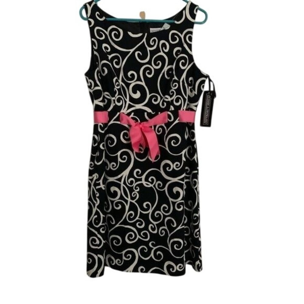 Jessica Howard Black & White Swirl Print Dress With Pink Bow Size 14 Cotton/Span